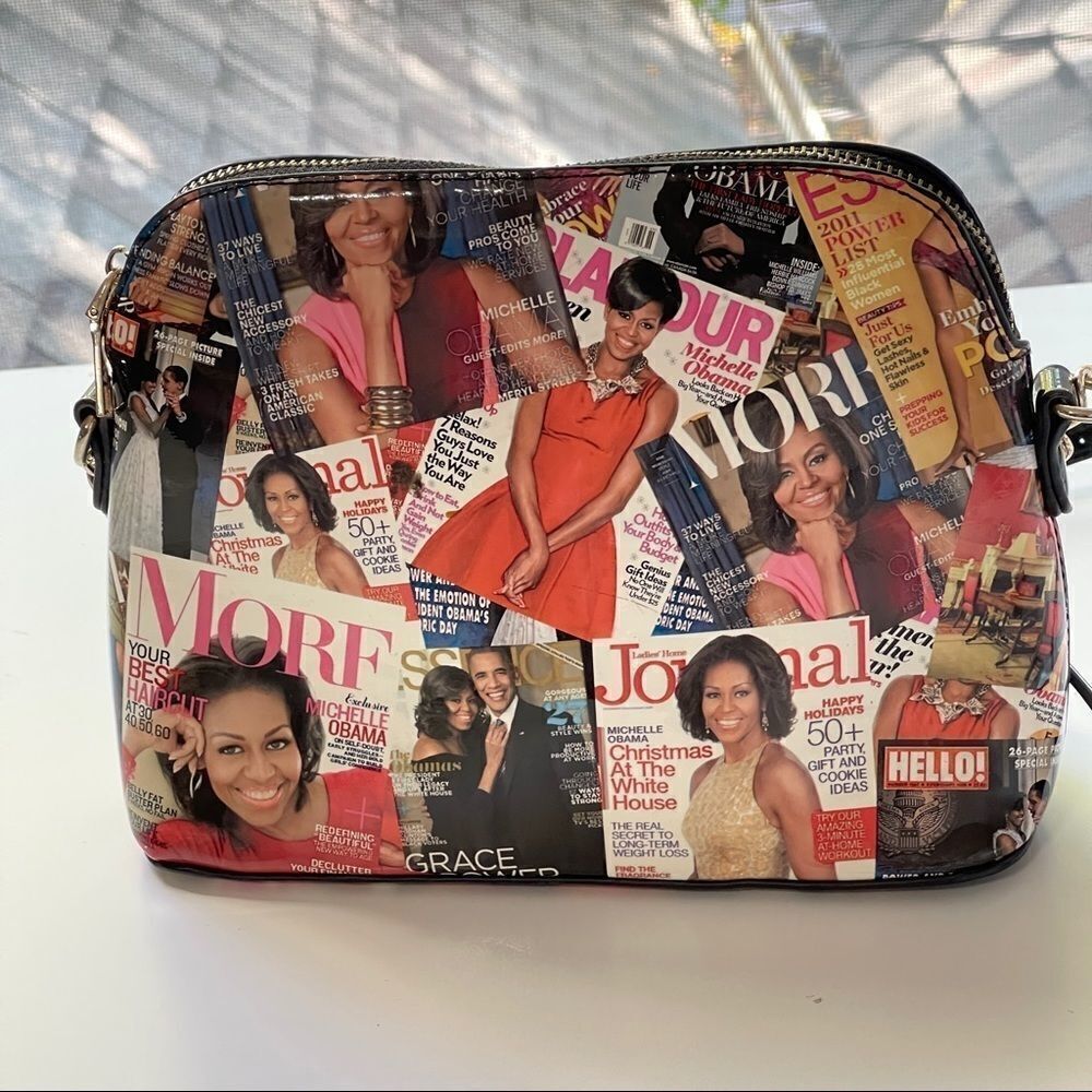 Michelle Obama Glossy Magazine Cover Satchel Style Purse w/Leather & Chain Strap